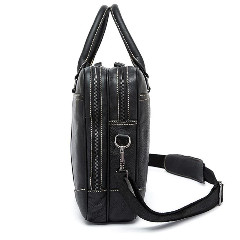 Fine Stitching Dual Top Handle Detachable Sling Strap Zip Top Genuine Leather Briefcase