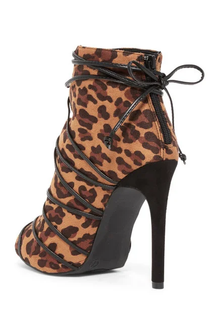 Khaki Leopard Print Strappy Peep Toe Ankle Boots Vdcoo