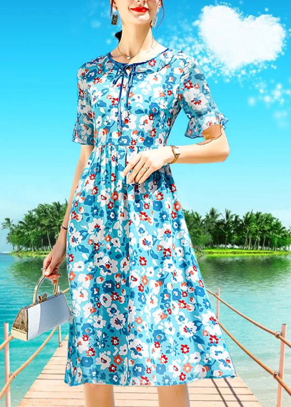 French Blue O-Neck Lace Up Print Silk Beach Dress Short Sleeve