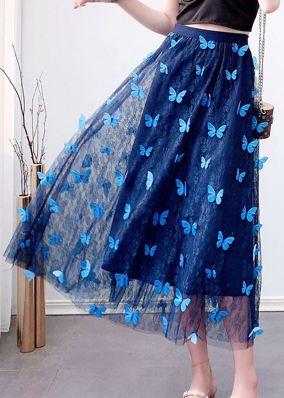 VCSHOES Blue Elastic Waist Tulle Jacquard Fall Skirt