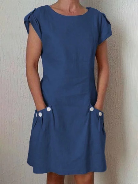 Vintage Short Sleeve Solid Pocket O Neck Cotton Linen Casual Dress