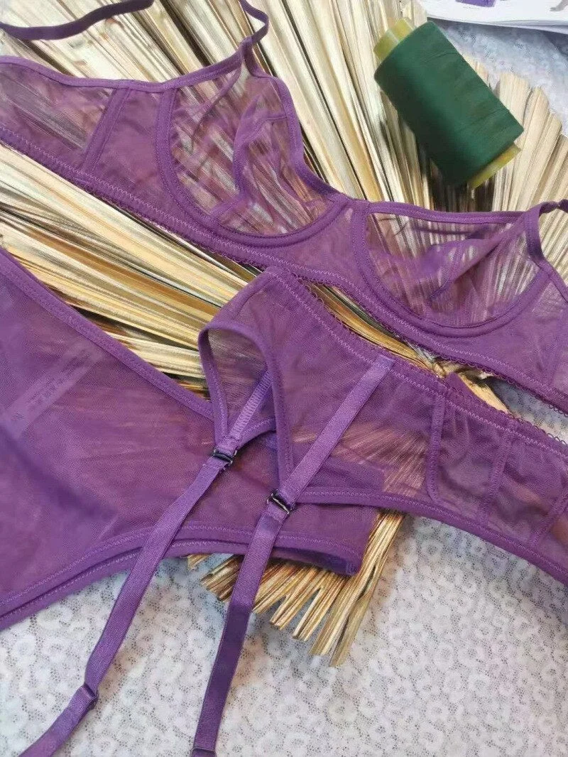 sexy underwear three-piece garter panties set new thin see-through temptation bra briefs suit women's underwear set