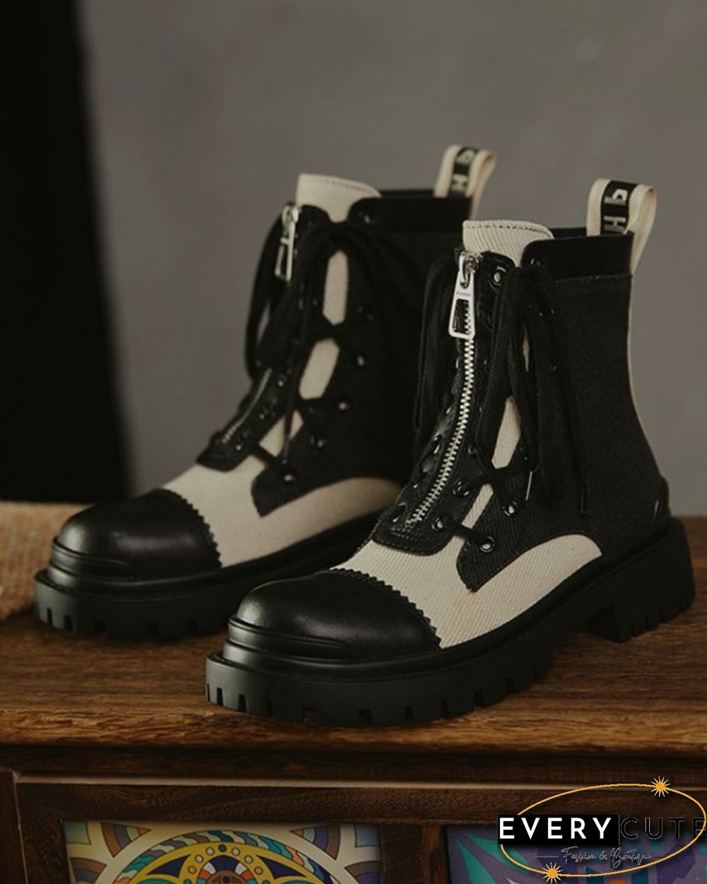 Color Patchwork Round-toe Lace-up Boots