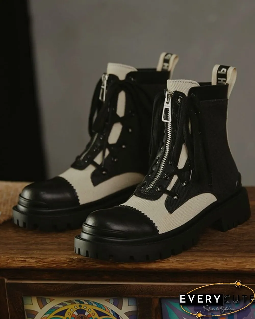 Color Patchwork Round-toe Lace-up Boots