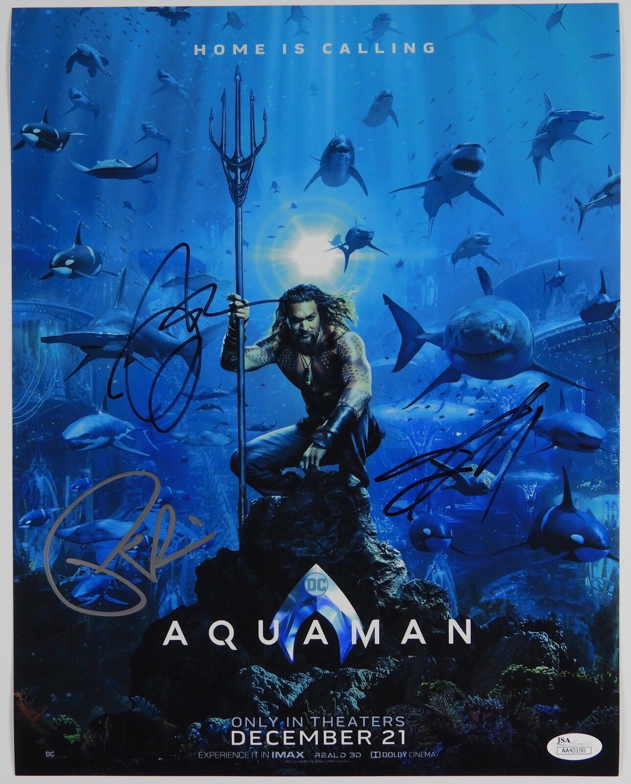 Aquaman Jason Moma, Patrick Wilson, Yahya Autograph JSA 11 x 14 Signed Photo Poster painting