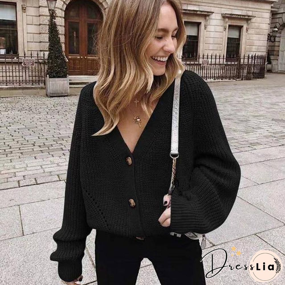 Zoki Women Knitted Cardigans Sweater Fashion Autumn Long Sleeve Loose Coat Casual Button Thick V Neck Solid Female Tops