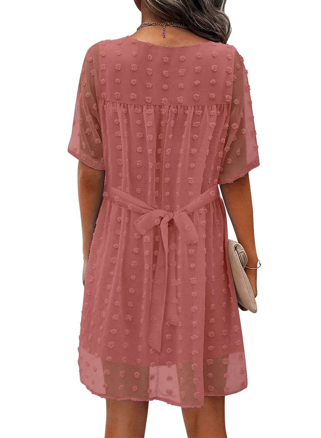 MIHOLL Women's V Neck Short Sleeve Ruffle Loose Summer Flowy Mini Dress