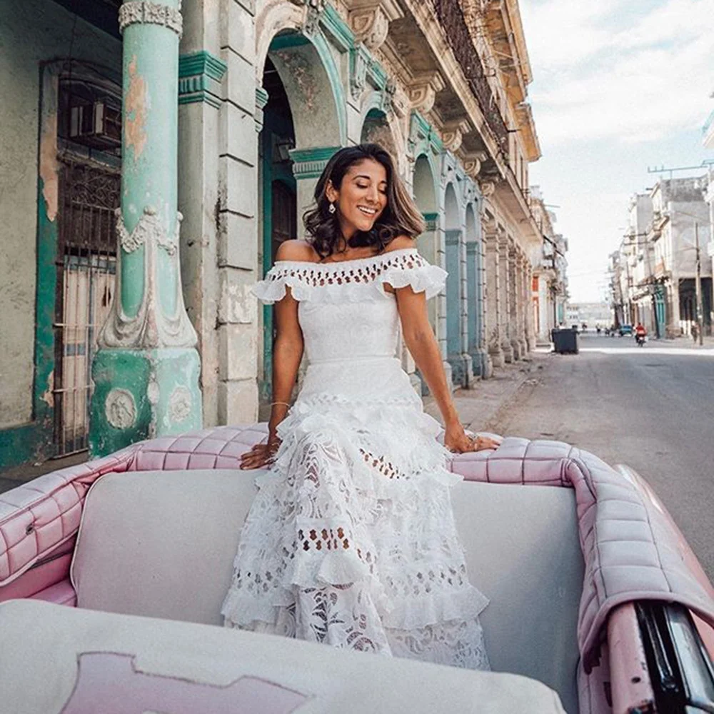 Nigikala Summer New Women's Dress A Word Shoulder Lotus Side Hollow Lace Dress Dress