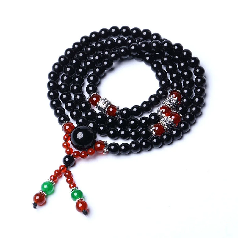 108 Beads Natural Black Obsidian Tiger Eye Mala Necklace Bracelet