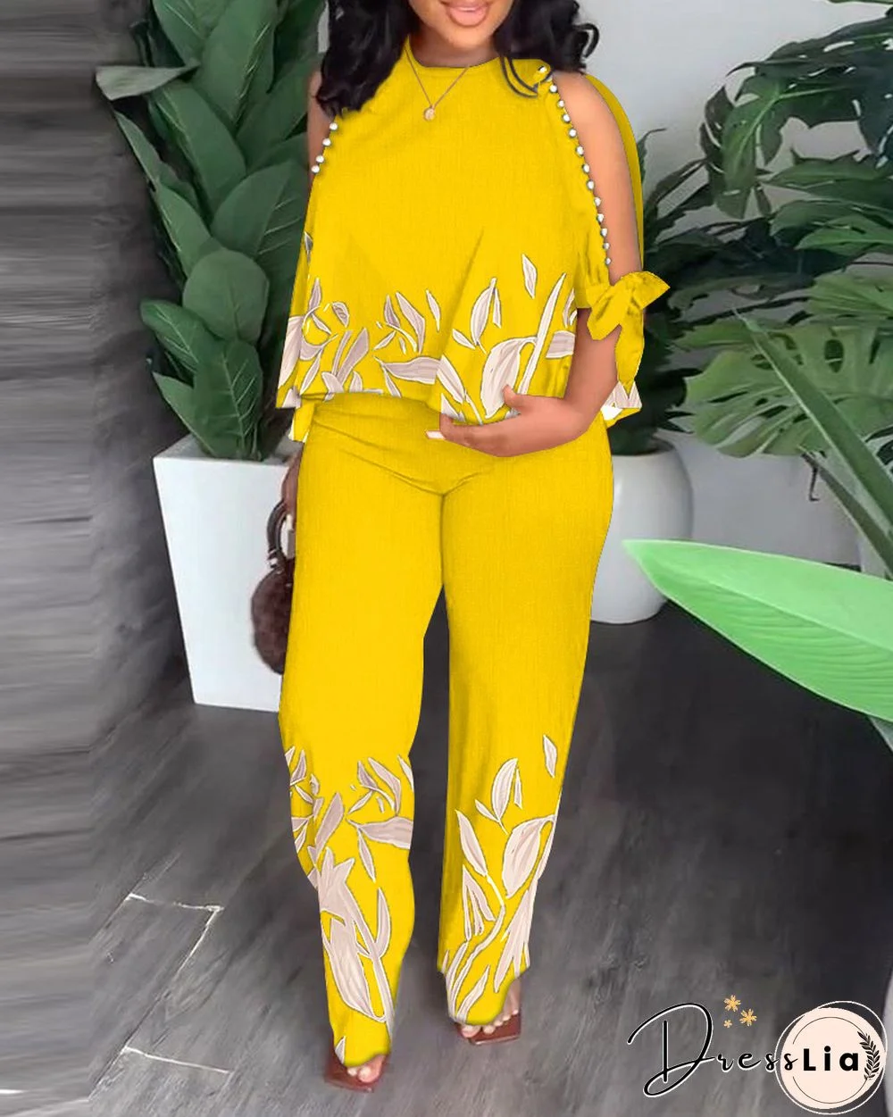 Beaded Printing Blouse Loose Pants Two Piece Set