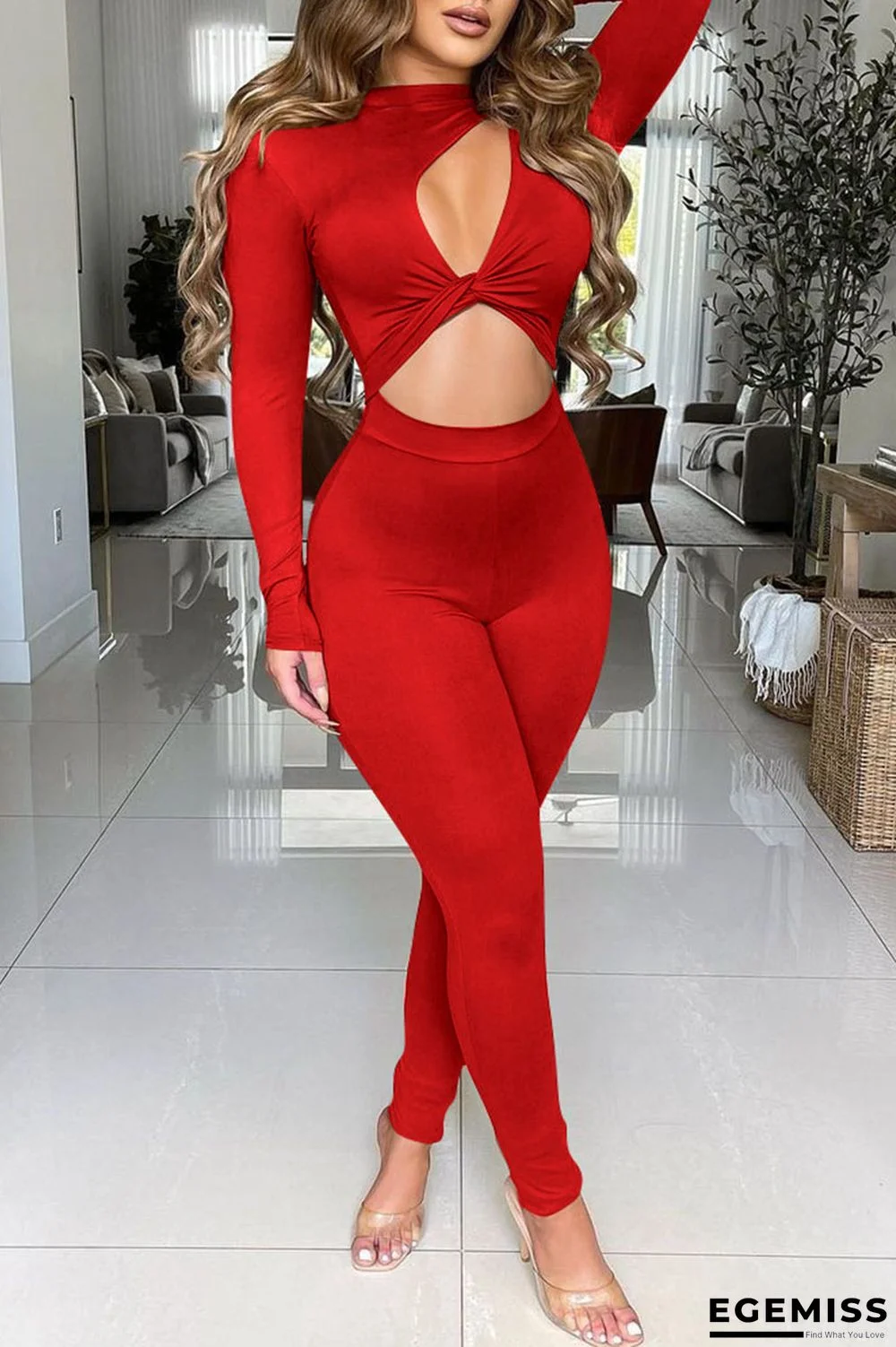 Red Sexy Solid Hollowed Out Patchwork O Neck Regular Jumpsuits | EGEMISS