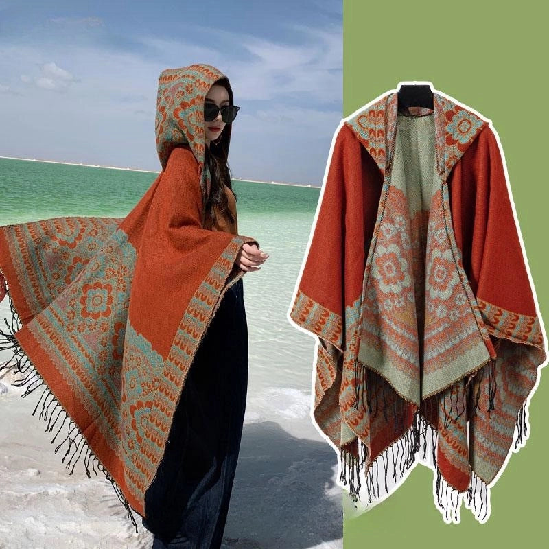 Ethnic Style Hooded Cape Women’s Yunnan Tibet Western Sichuan Grassland Bohemia Travel Wear Scarf Coat