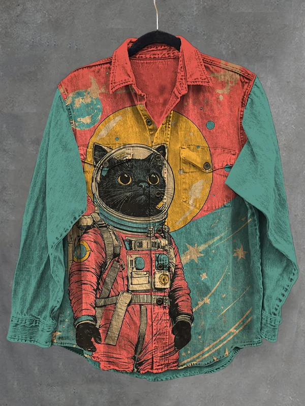 Men's Black Cat Astronaut Color Block Art Print Casual Jacket