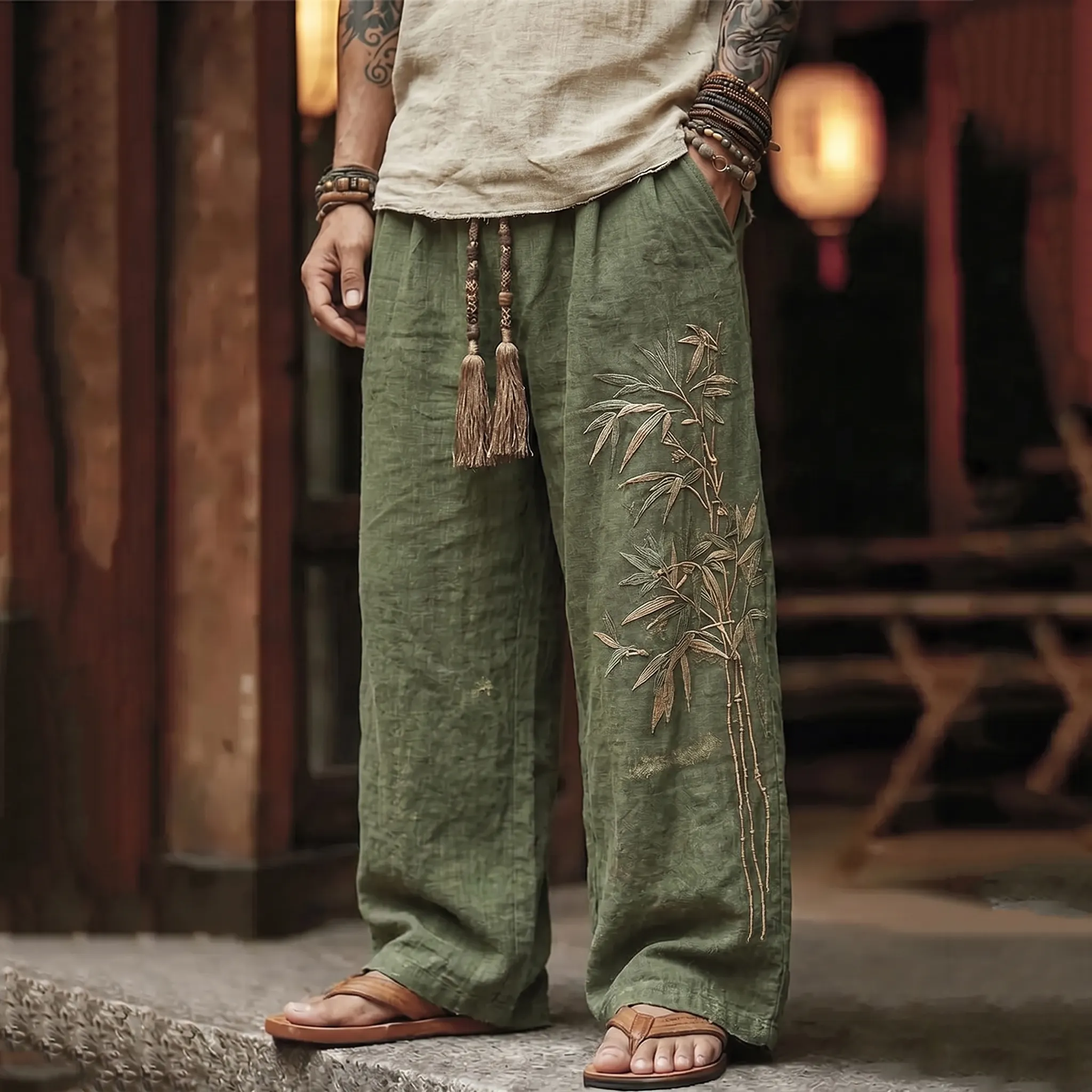 Comstylish Men's Vintage Japanese Bamboo Embroidery Art Linen Blend Pants