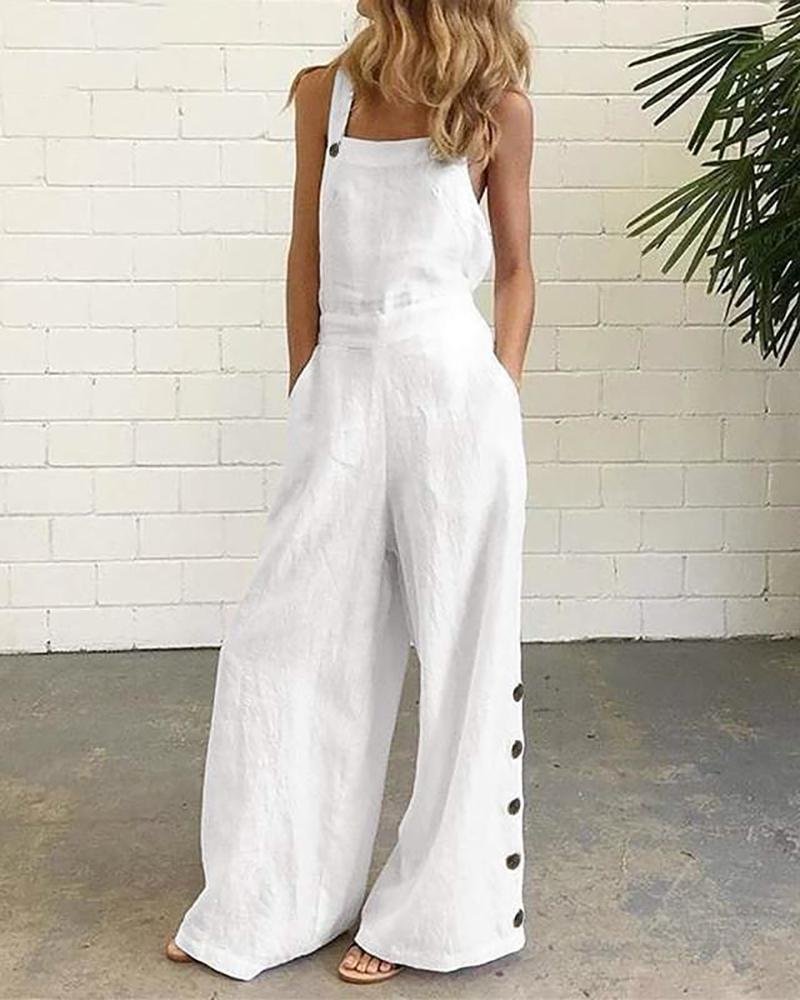 Buttoned Pocket Design Wide Leg Suspender Jumpsuit