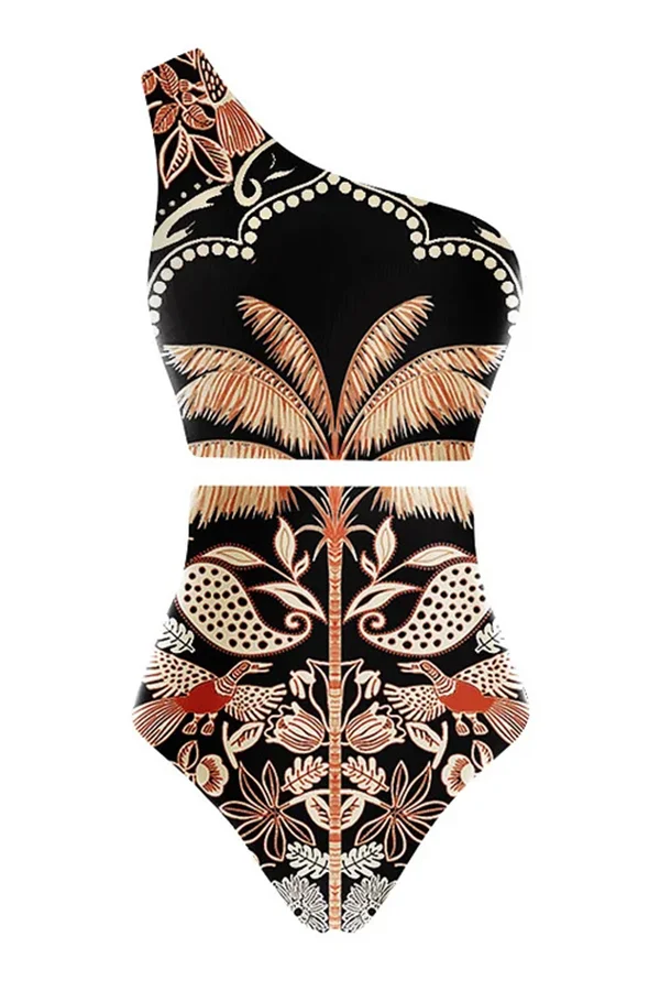 Palm Tree Bird Print Color Block High Waist Bikini Skirt Set