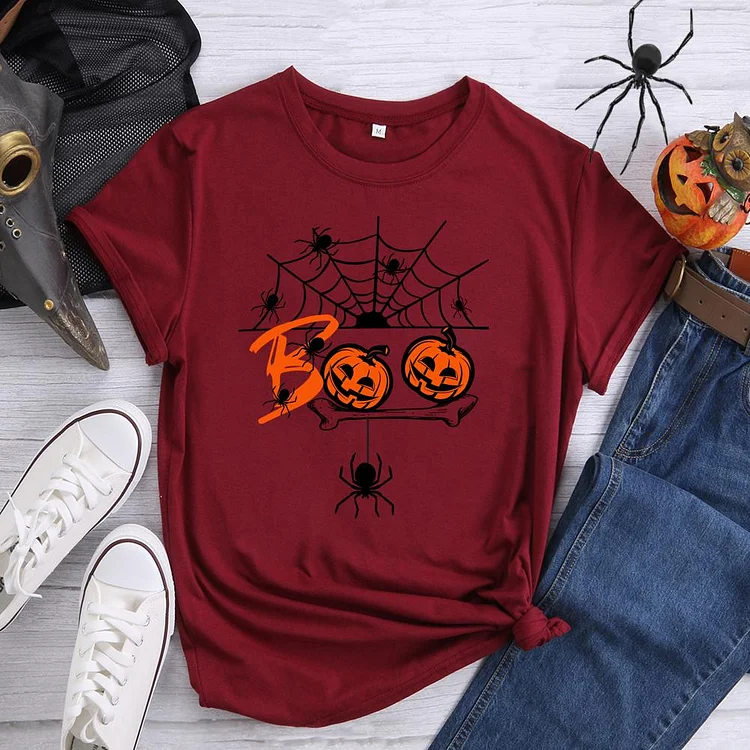 Halloween Spider Web Boo Round Neck T-shirt-0019601