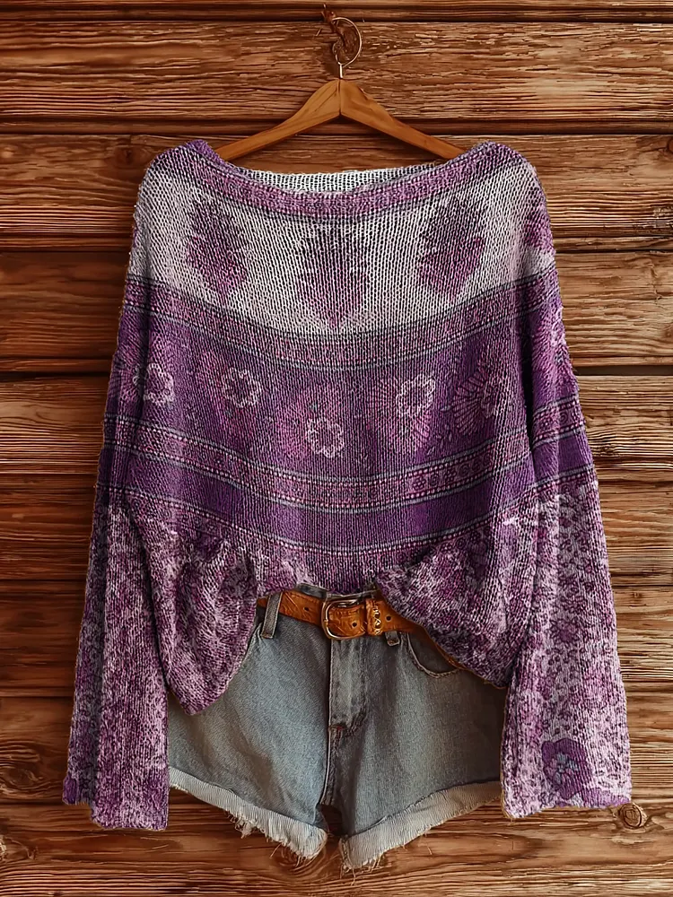 Women's Vintage Ethnic Floral Art Print Casual Pullover Sweater