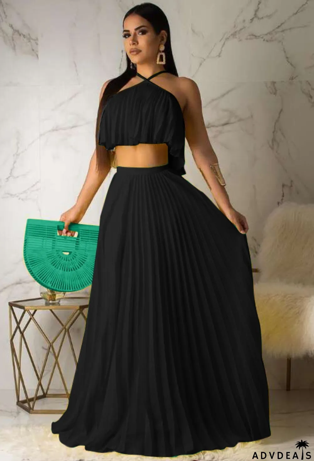 Summer Black Pleated Halter Crop Top and Long Skirt Matching Set
