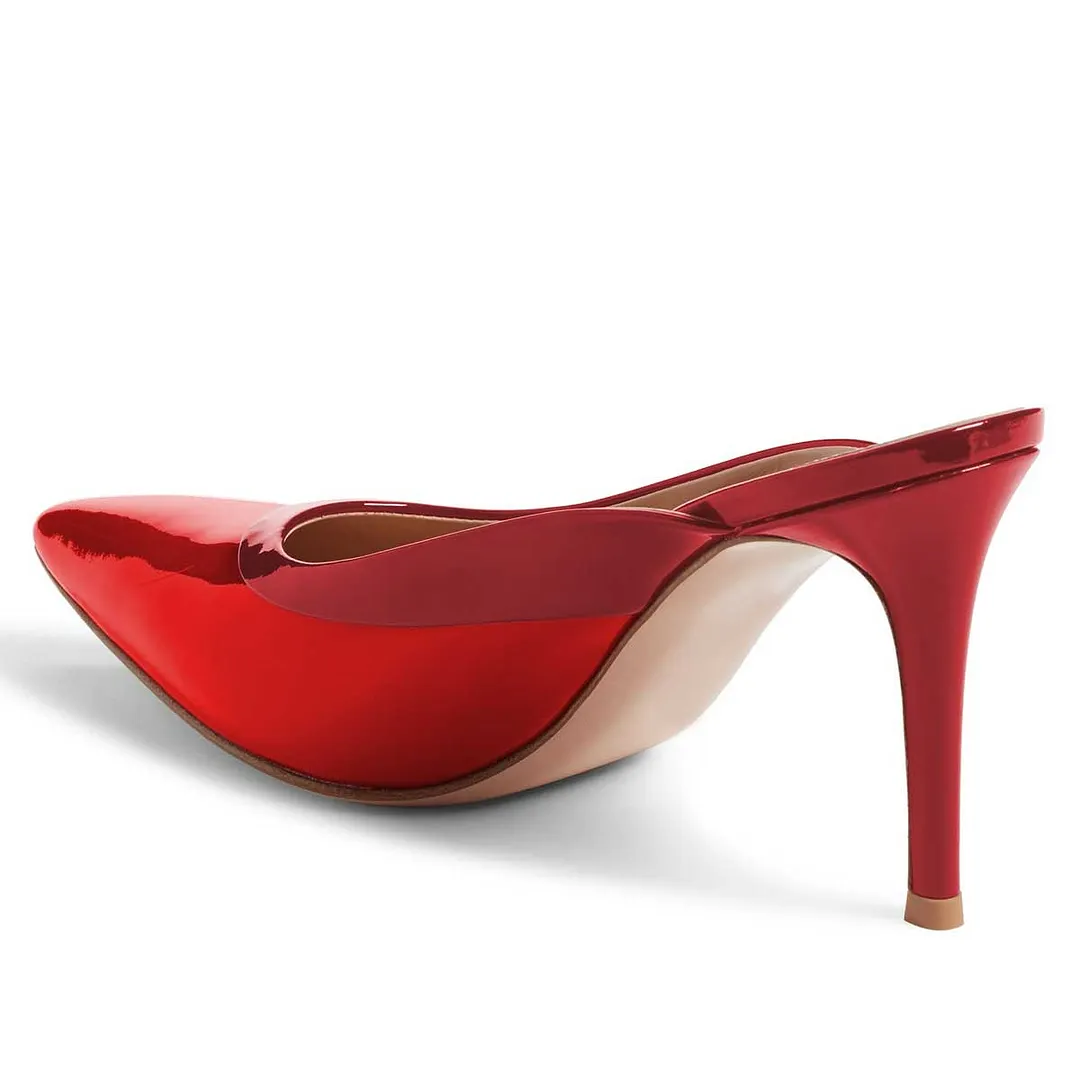 Red Patent Slip-On Pointed Toe Stiletto Heel Mules for Women