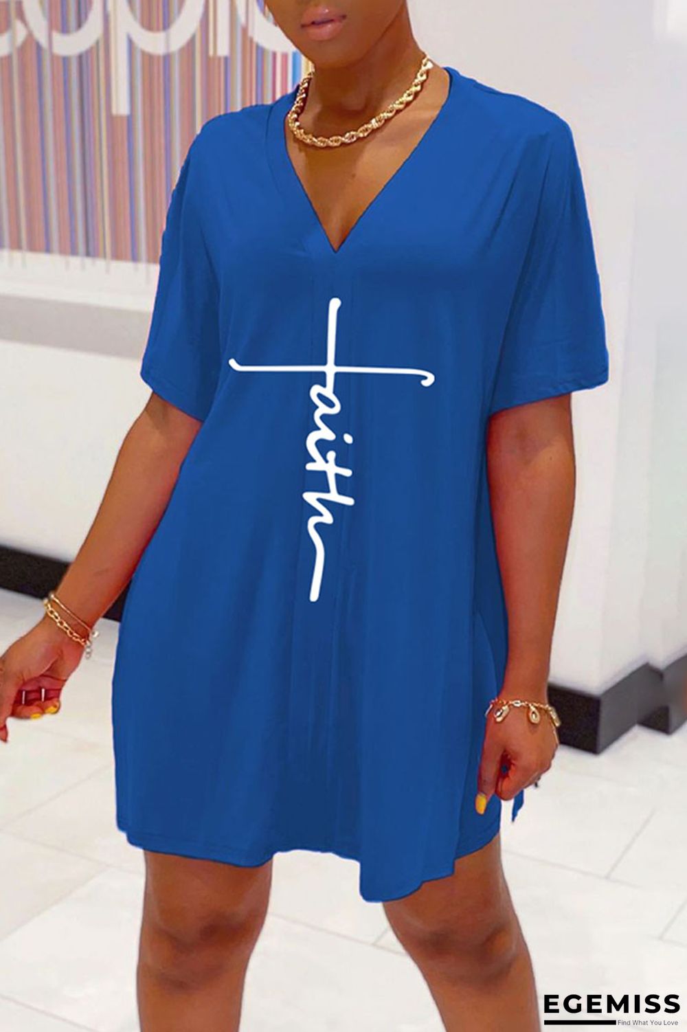 Royal Blue Casual Print Patchwork V Neck Short Sleeve Two Pieces | EGEMISS