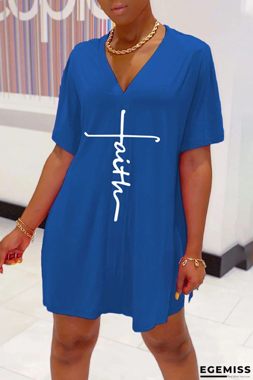 Royal Blue Casual Print Patchwork V Neck Short Sleeve Two Pieces | EGEMISS