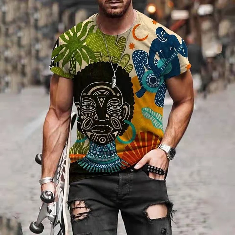 Vintage Ethnic Totem Character Printed Mens T-shirts at Hiphopee