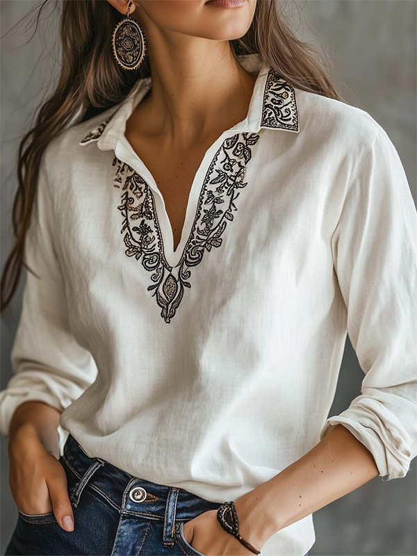 Embroidered Long Sleeve Lapel Vintage Cotton Linen Blouse