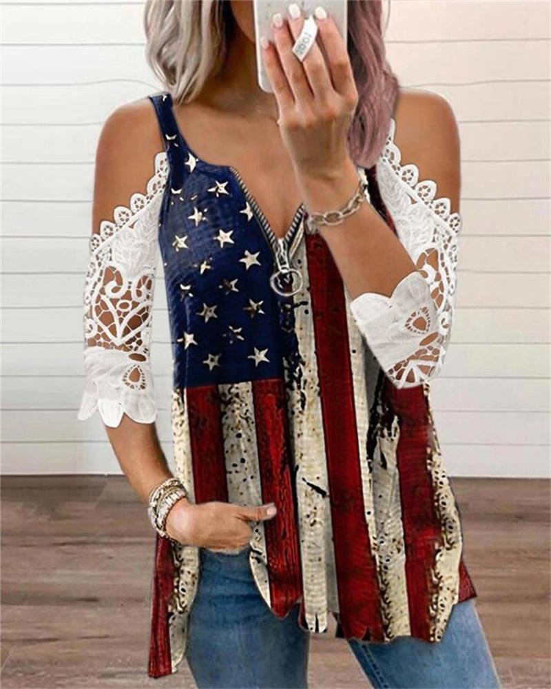 Casual American Flag Print Cutout T-Shirt