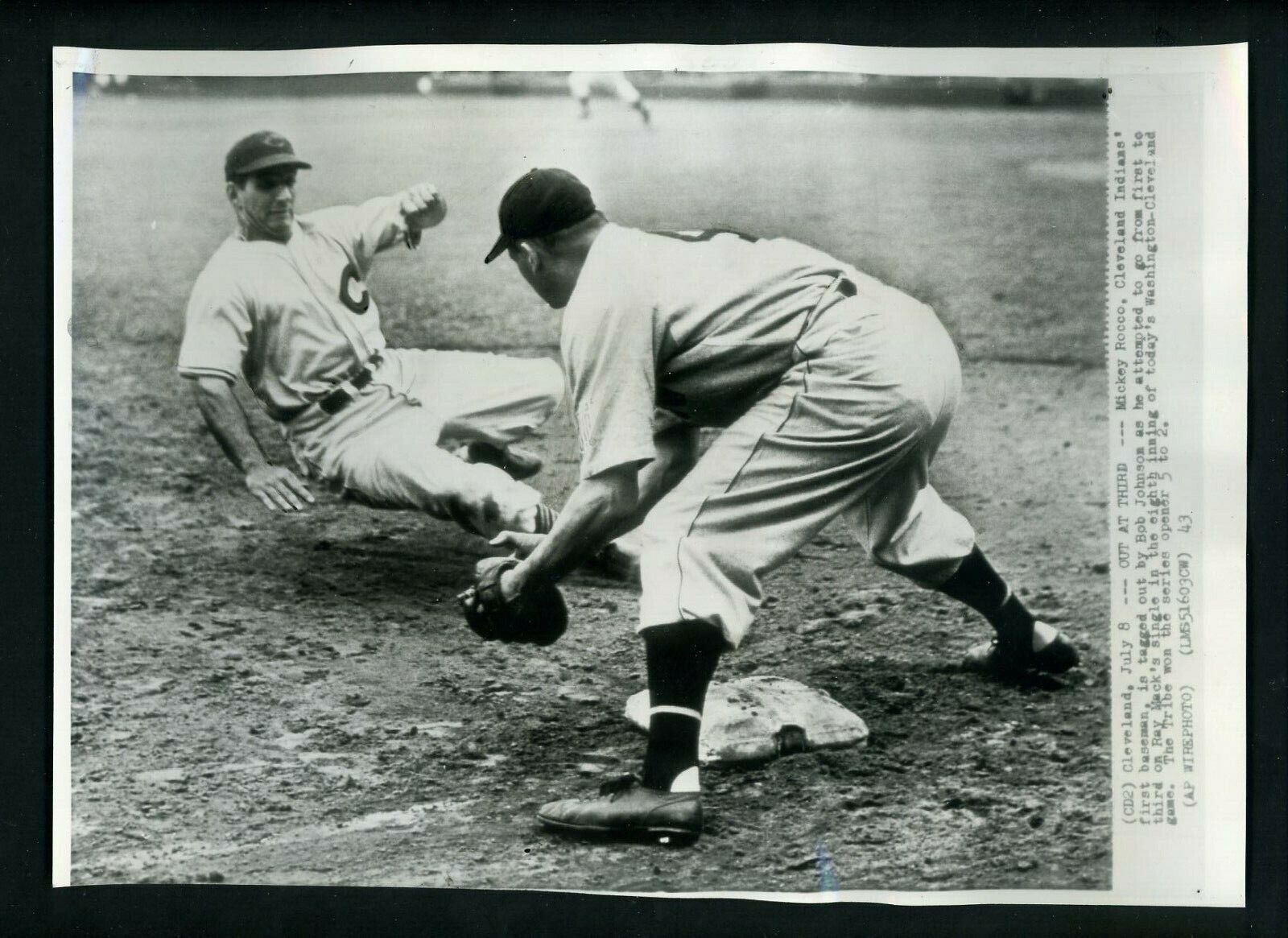 Mickey Rocco Bob Johnson 1943 Press Photo Poster painting Washington Senators Cleveland Indians