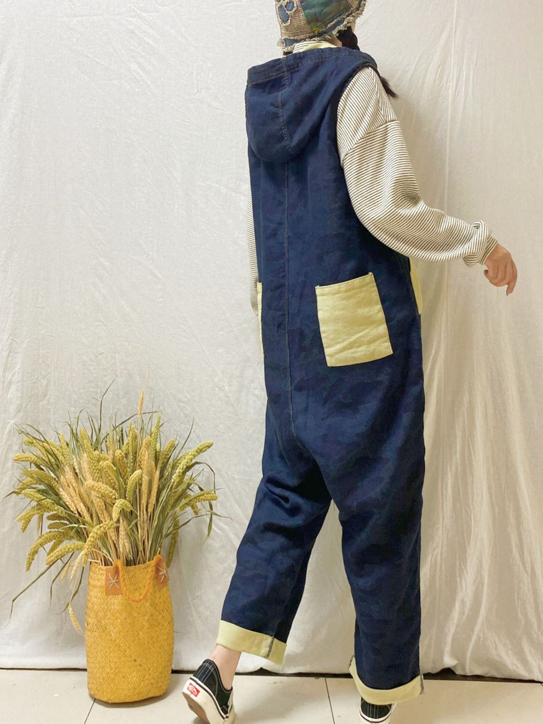 Women's Loose Sleeveless Hooded Casual Retro Wide-leg Workwear Denim Overalls Jumpsuit