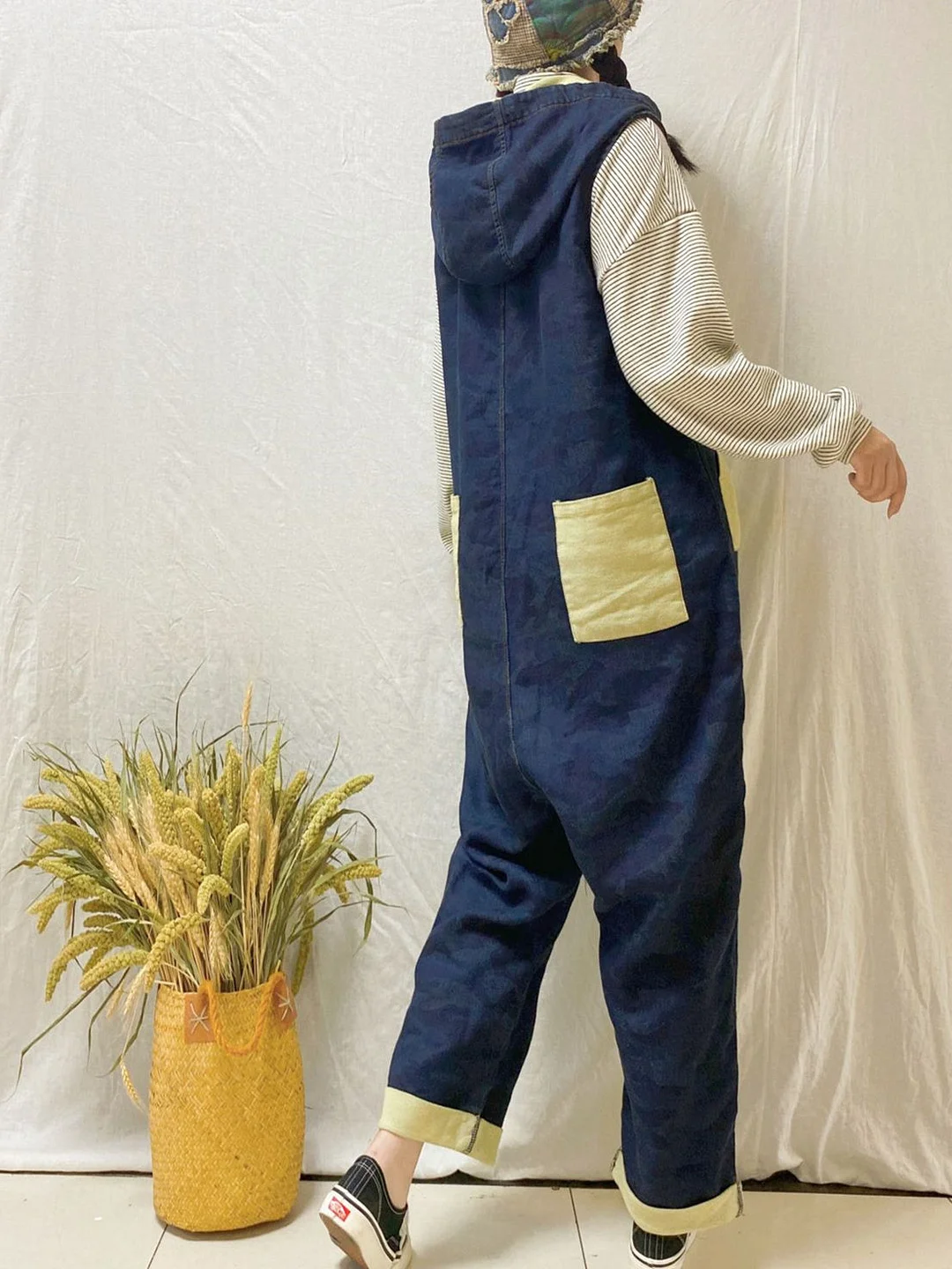 Women's Loose Sleeveless Hooded Casual Retro Wide-leg Workwear Denim Overalls Jumpsuit