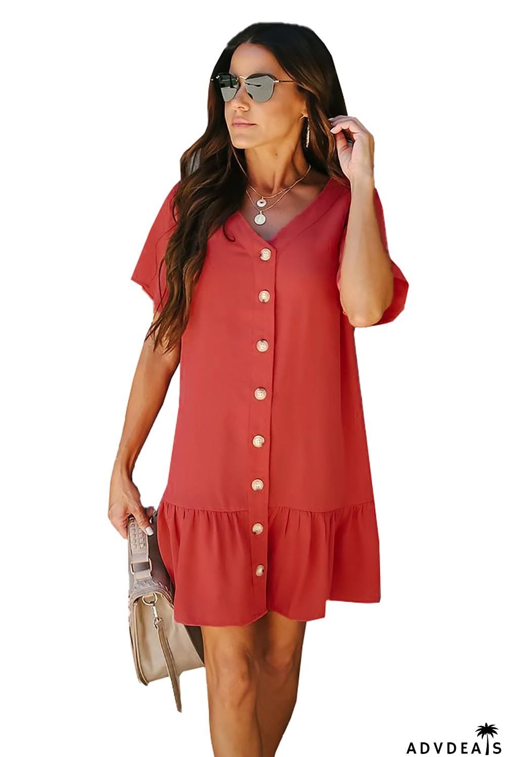 Pocketed Button Ruffle Dress