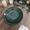 10 Pack | 8" Glossy Hunter Emerald Green Round Plastic Dessert Plates With Gold Rim, Disposable Appetizer Salad Party Plates