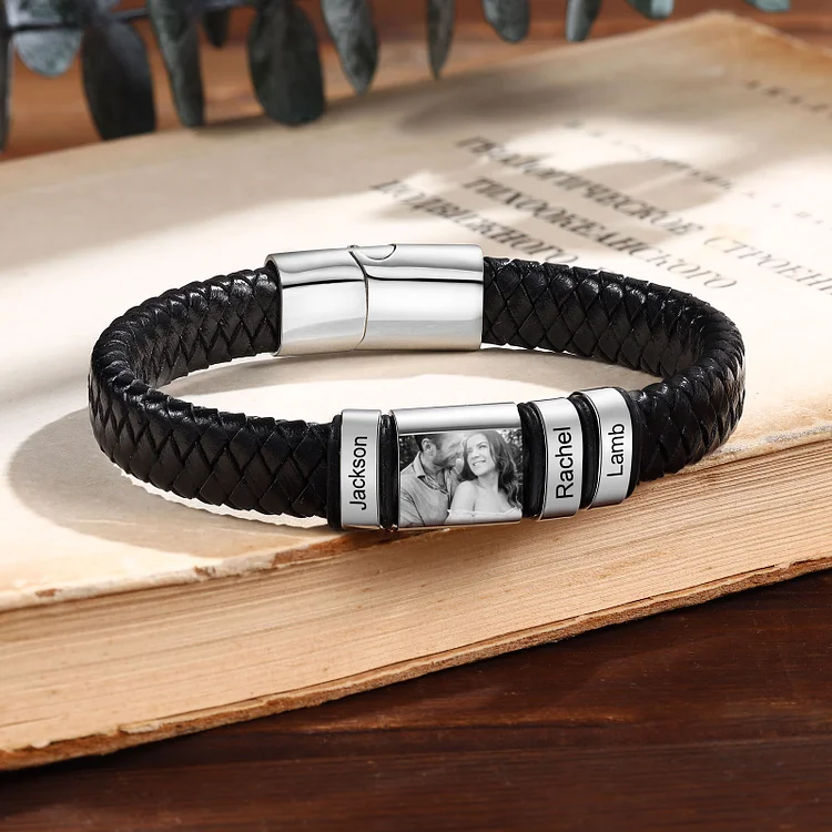 3 Names-Vintage Men's Bracelet Engraved Beads Leather Bracelet Gift for Him