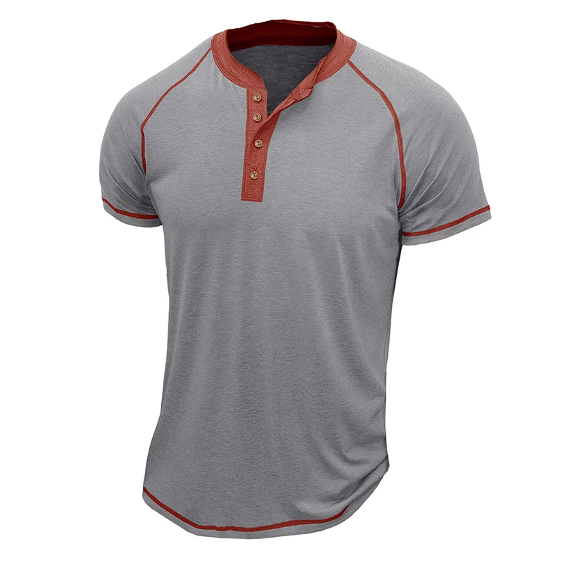 Men's 2024 Summer Short Sleeved Round Neck T-shirt Henley Color Block Top T-shirt 
