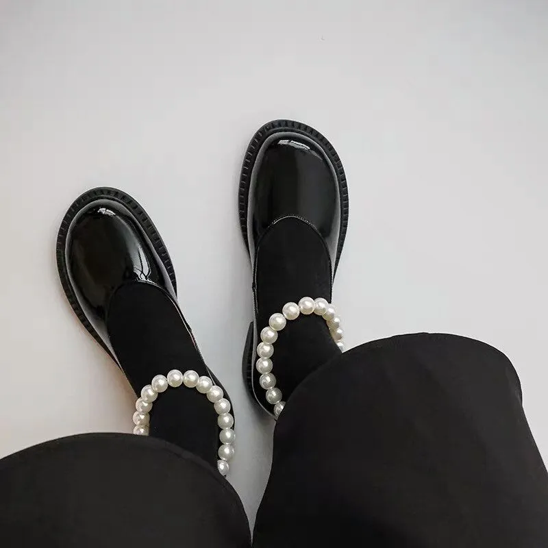 Lucyever Patent Leather Pearl Strap Mary Jane Shoes Woman New Round Toe Low Heels Women Pumps Lovely Girls Cosplay Lolita Shoes