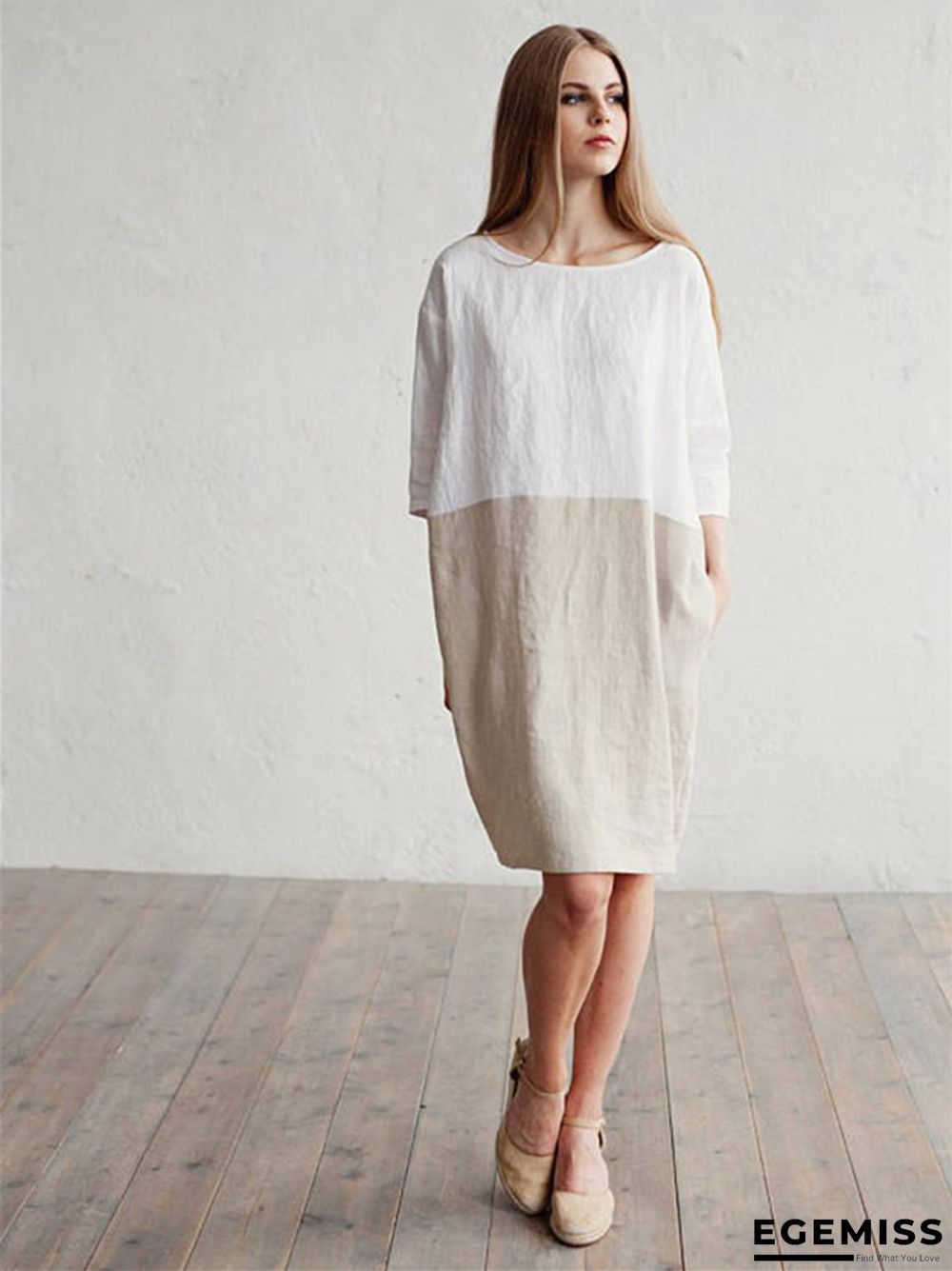 Loose Solid Color Cotton Linen Patchwork Dress Round Neck Seven Sleeve Skirt Waist | EGEMISS