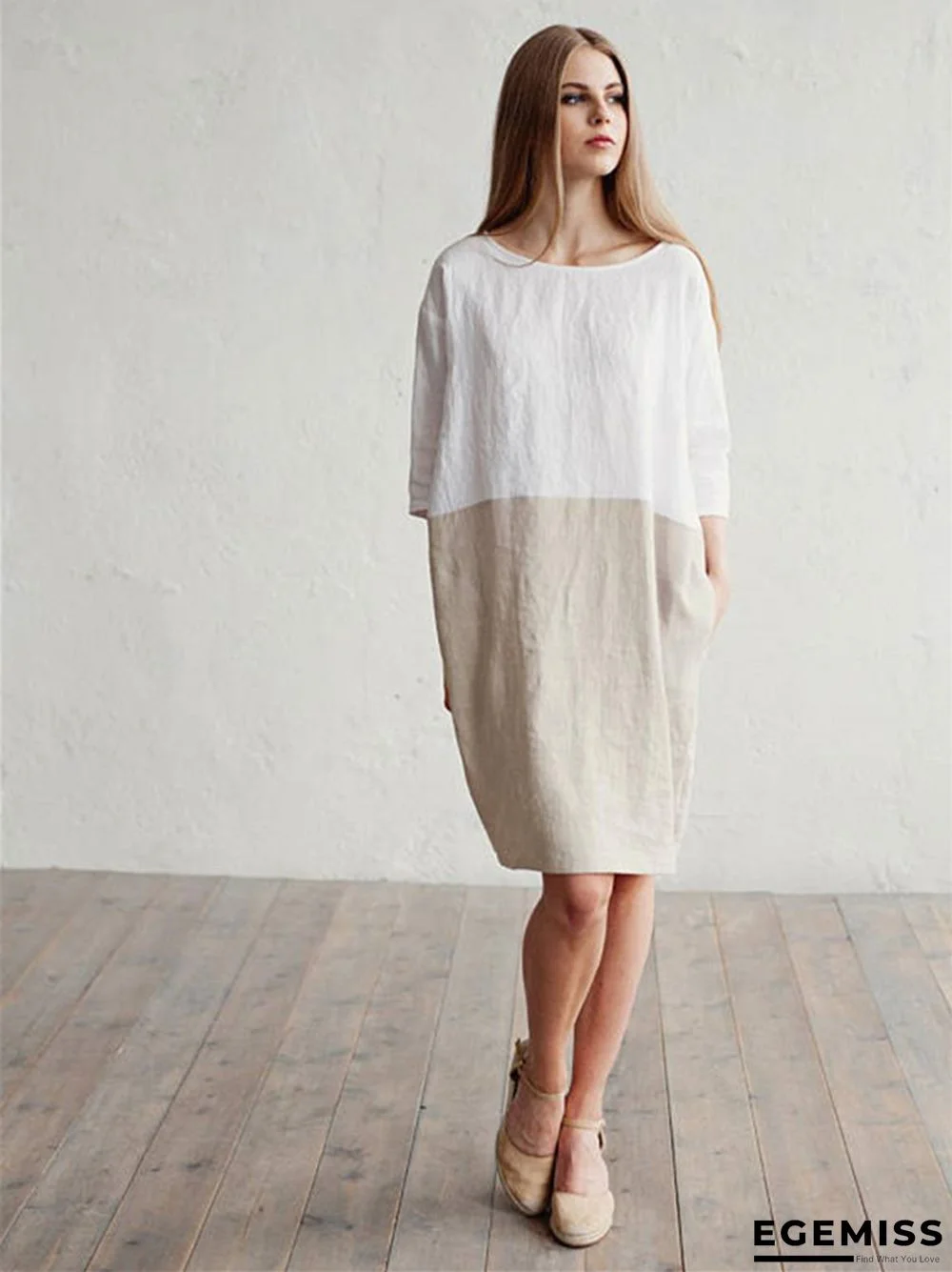 Loose Solid Color Cotton Linen Patchwork Dress Round Neck Seven Sleeve Skirt Waist | EGEMISS