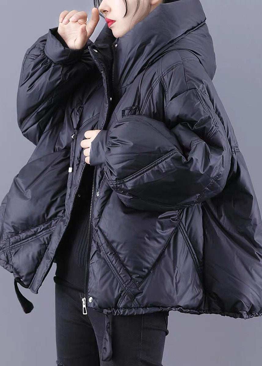 VCSHOES Black hooded Loose zippered Warm Winter Duck Down Jacket