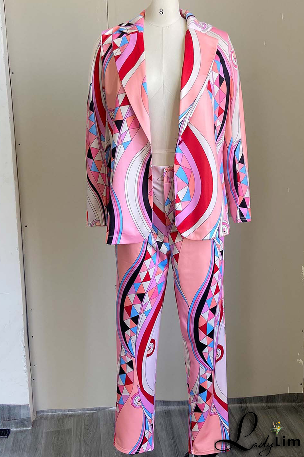 Pink Casual Print Split Joint Turndown Collar Long Sleeve Two Pieces