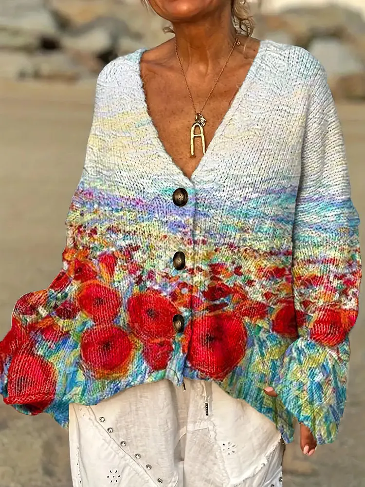 Women's Vintage Floral Art Print Casual Pullover Sweater