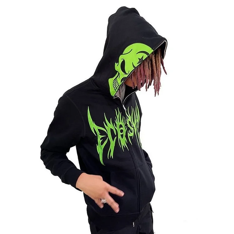 Skeleton Gothic Graphic Printing  Full Zip Up Hoodie Sweatshirts Coat at Hiphopee