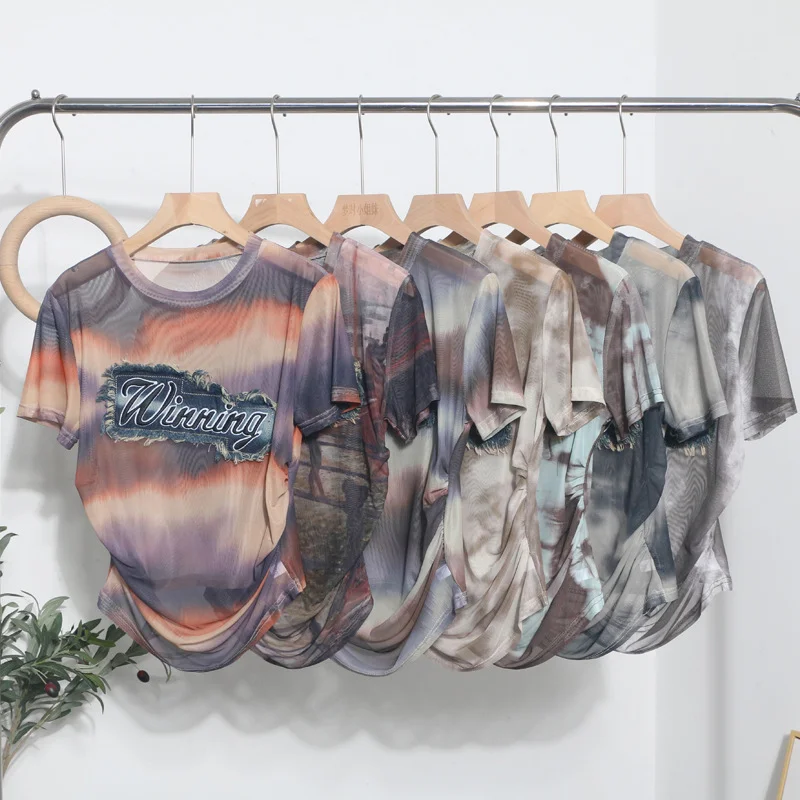 Churchf Real Shooting Embroidery With Straight Shoulder Short-Sleeved Mesh T-Shirt Fold Irregular Perspective Hood Top 25821