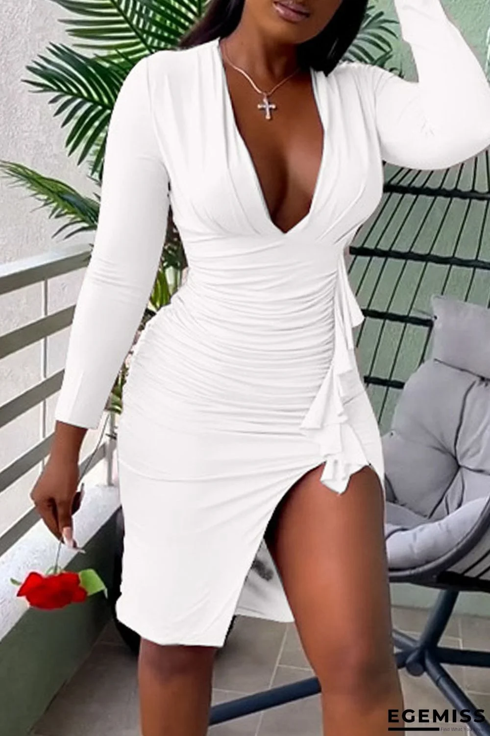 White Sexy Solid Patchwork Slit Fold V Neck Dresses | EGEMISS
