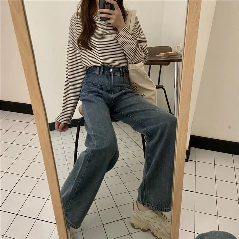 Jeans Women Retro High Waist Casual Wide Leg Pockets Students Preppy Style Womens Full-length Vintage Loose Daily Street Basic