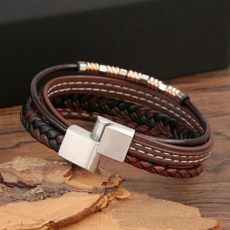 Vintage Style Color Block Stainless Steel Men's Bracelets4