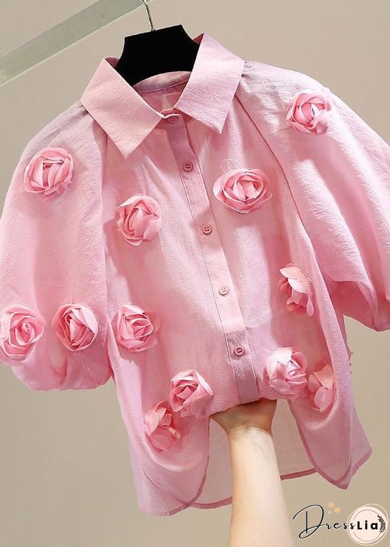 Pink Patchwork Tulle Blouses Peter Pan Collar Floral Decorated Summer