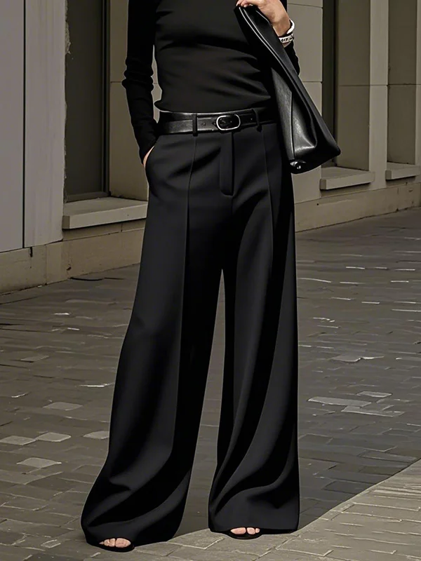 Loose Wide Leg No Belt Solid Color Zipper Casual Pants Bottoms Trousers