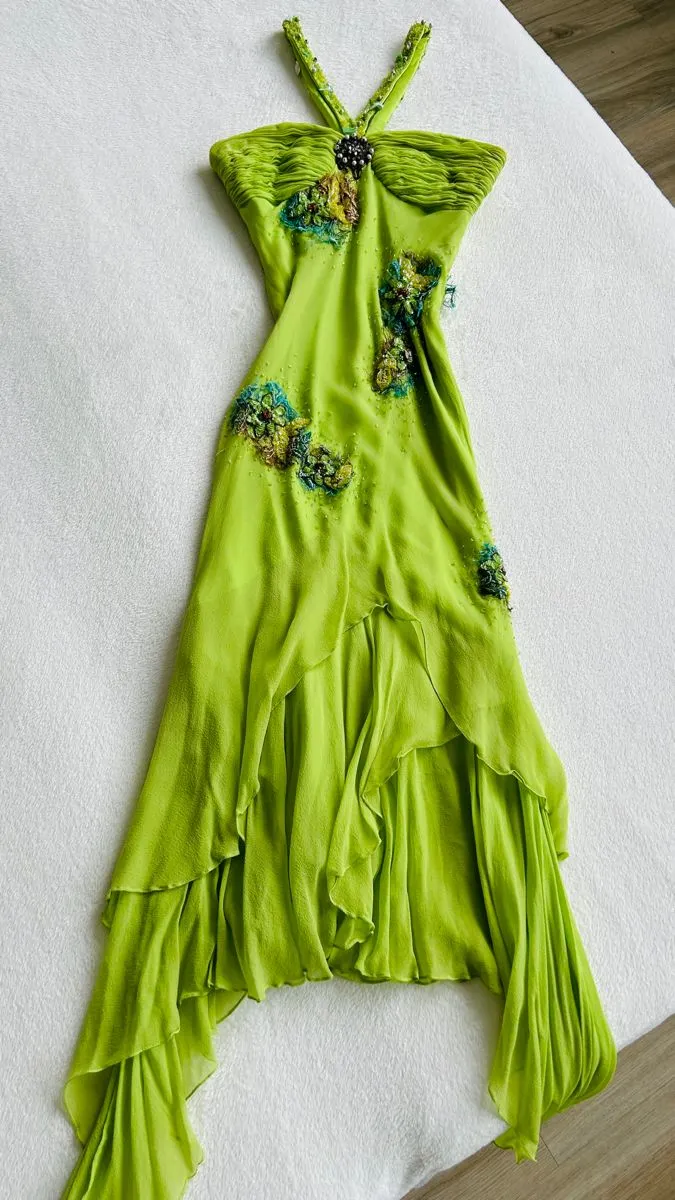 Green Beautiful Exquisite Floral Long Chiffon Birthday Dress Prom Dress Evening Dress